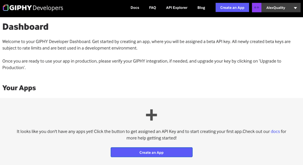Giphyn hallintapaneeli, jossa sovelluksen luonti ja API-avaimen generointi