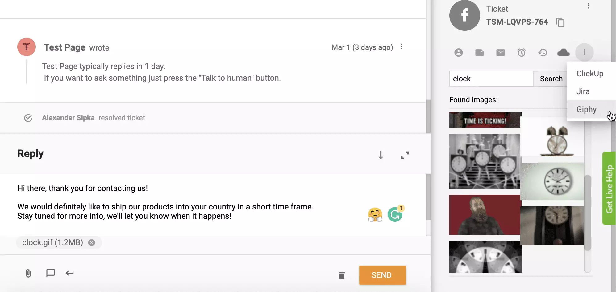 Giphy-integraatio aktivoituna ja toiminnassa LiveAgentin tiketöintijärjestelmässä