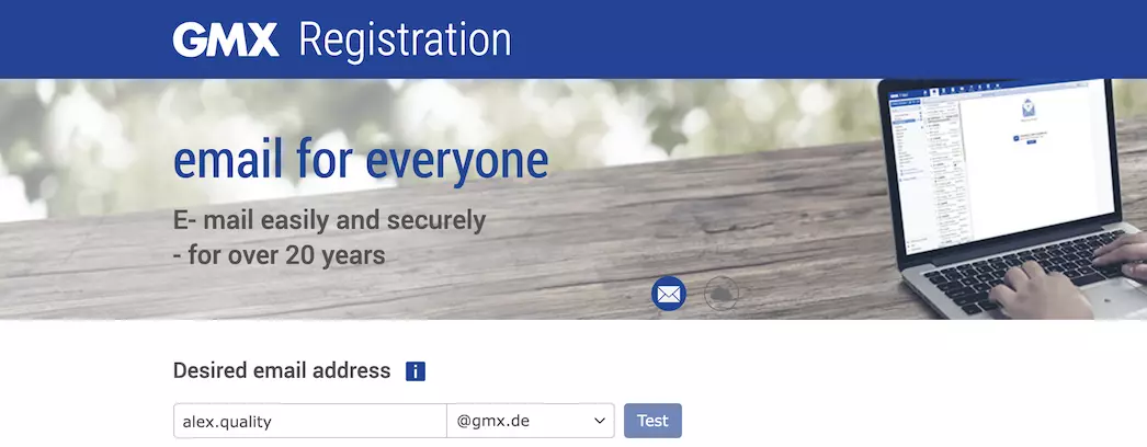 GMX-rekisteröintisivu tietokentillä