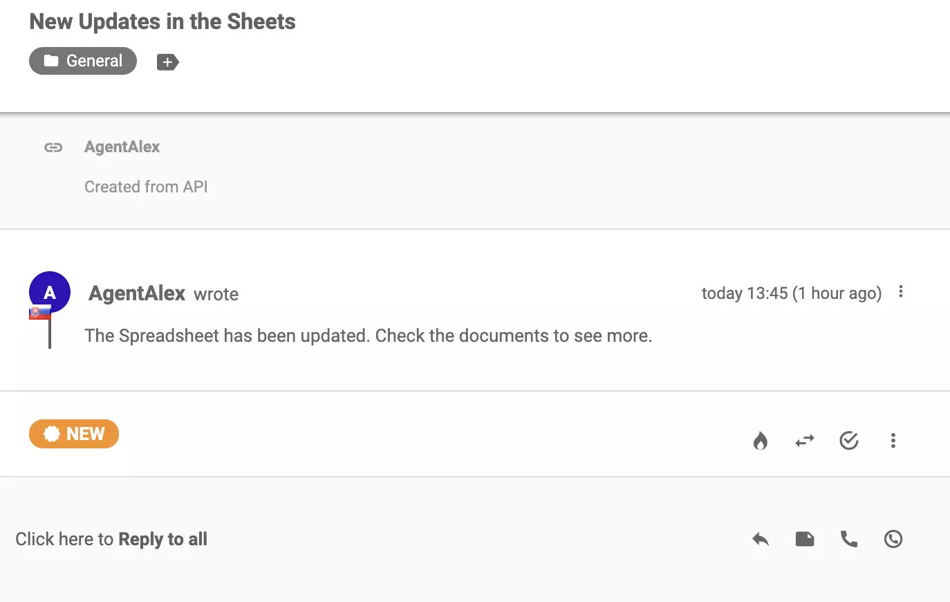 Uusi lippu, joka saapui lipputusjärjestelmään onnistuneen Google Forms -integraation jälkeen