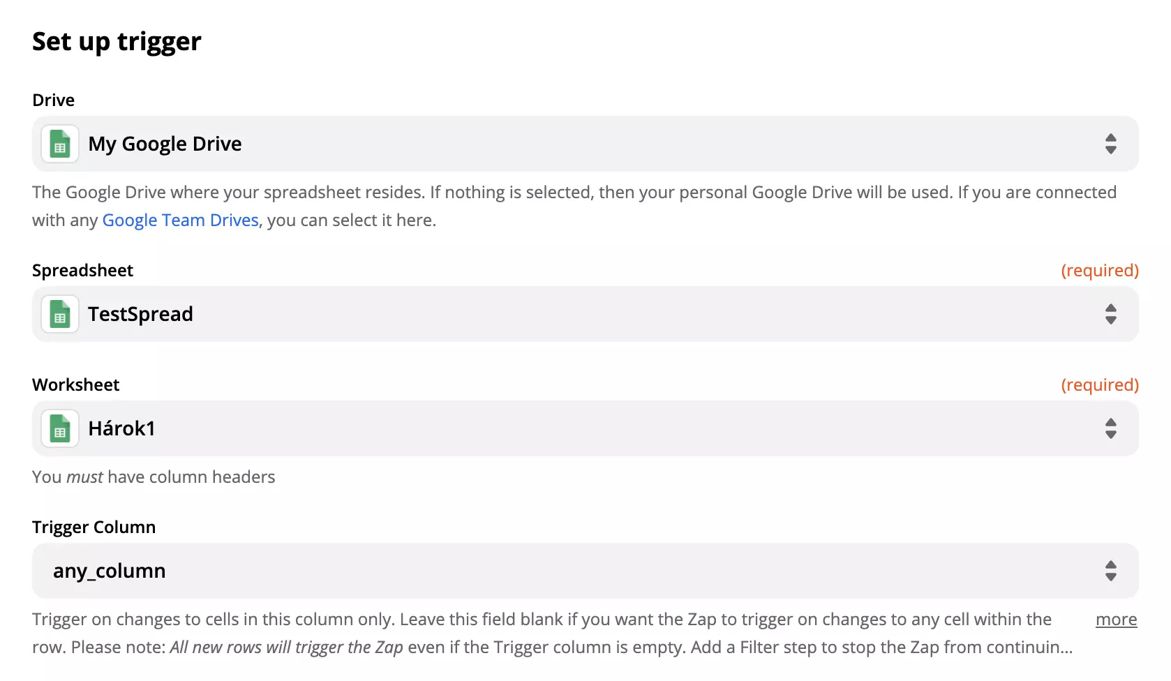 Google Sheets -laukaisimen määritysvalinnat ja kentät