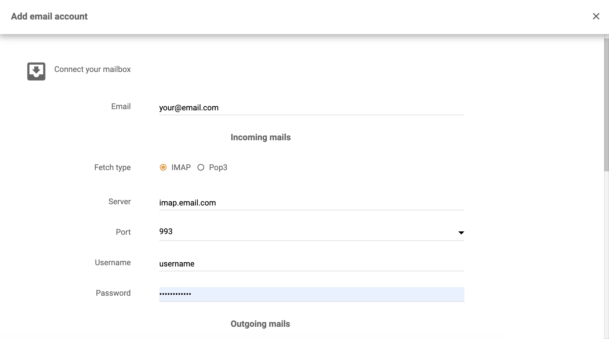 Dovecot-tiedot LiveAgent-integraaation konfiguraatiossa