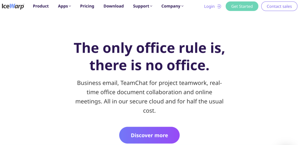 IceWarpin kotisivu, jossa iskulause ja alasivujen vaihtoehdot
