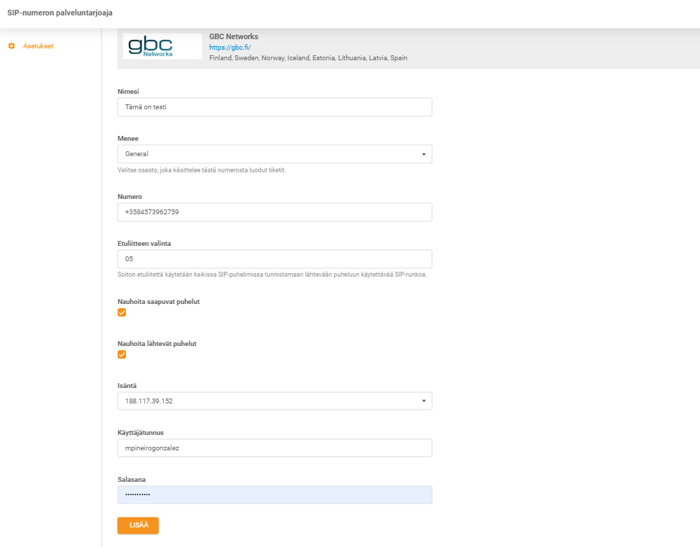 GBC Networks -tunnistetiedot