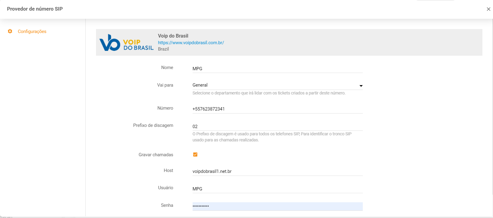 Syötä Voip do Brasil -tunnukset