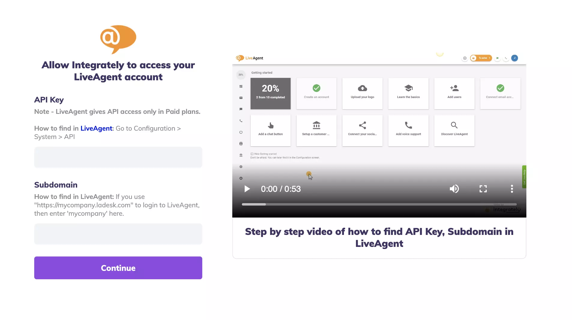 API-avain ja alidomain-kentät Integrately-integrointitestissä