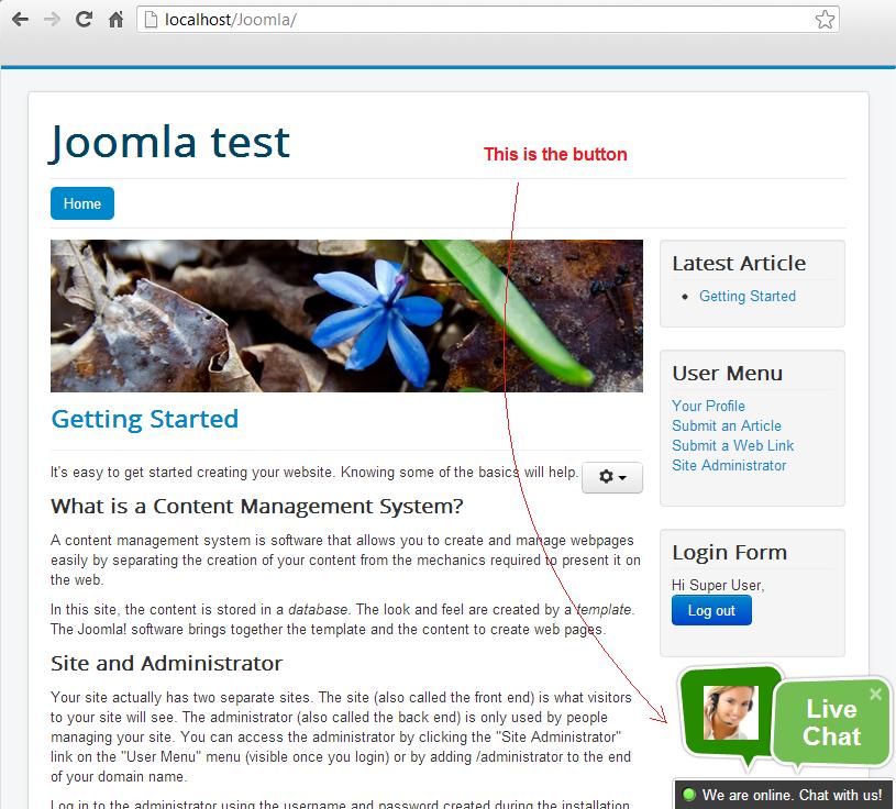Joomla live chat -painikkeen näyttö