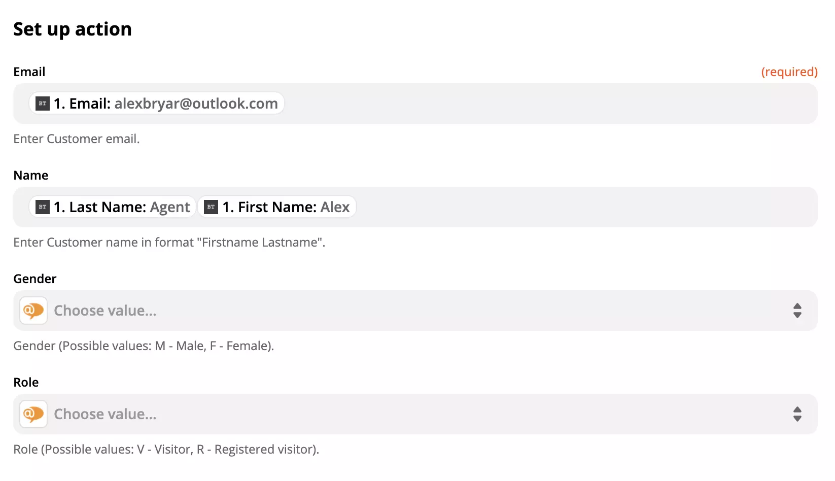 LiveAgent-toiminnon konfiguraatio tiedoilla täytetyissä kentissä Zapierissa