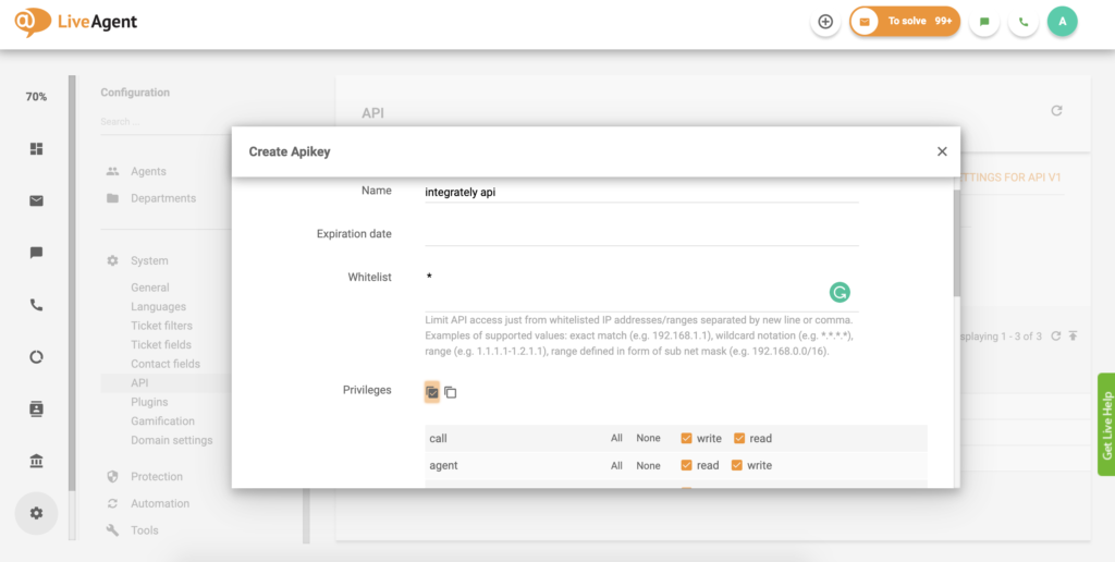 API-avaimen asetus LiveAgentissa
