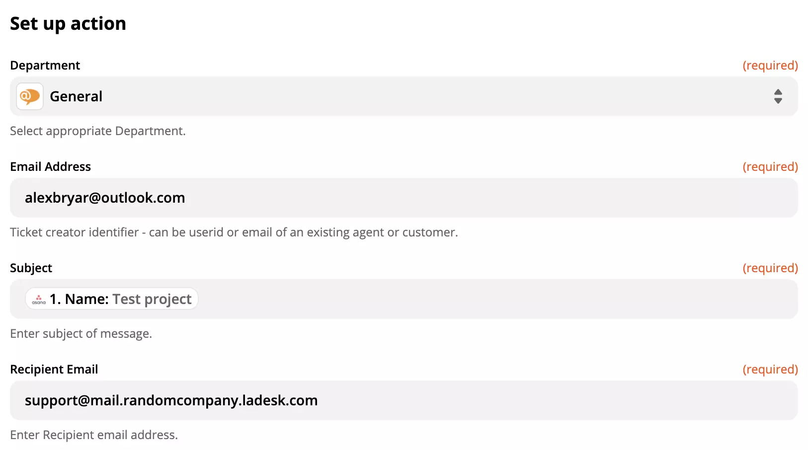 LiveAgent-toiminnon asetukset Asana-integraatiossa Zapierissa