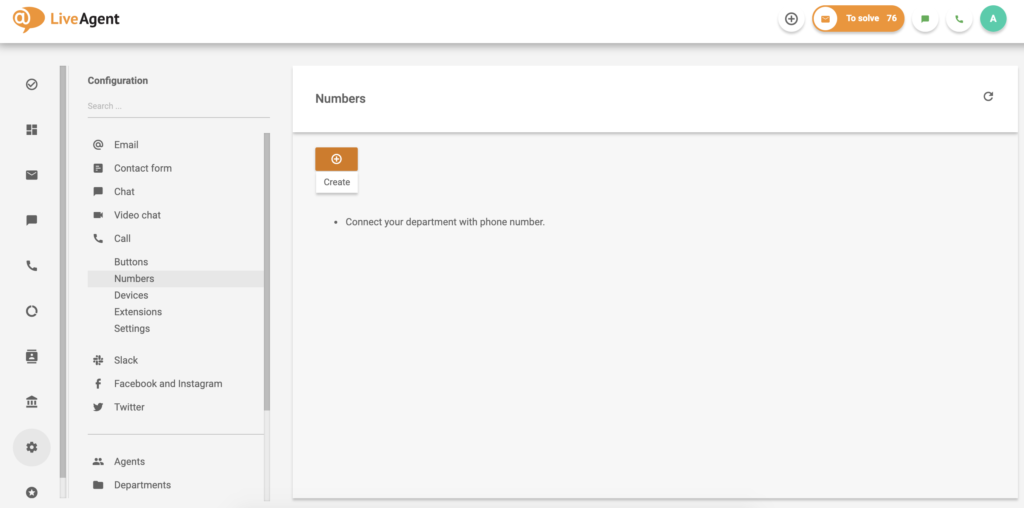 Uuden numeron luomisen vaihtoehto LiveAgent-määrityksessä