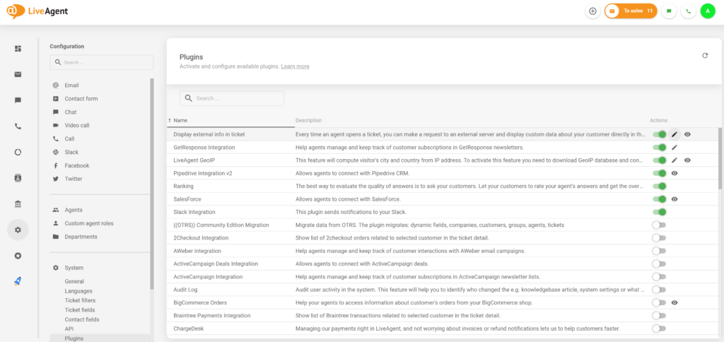 Active External info plugin in LiveAgent configuration