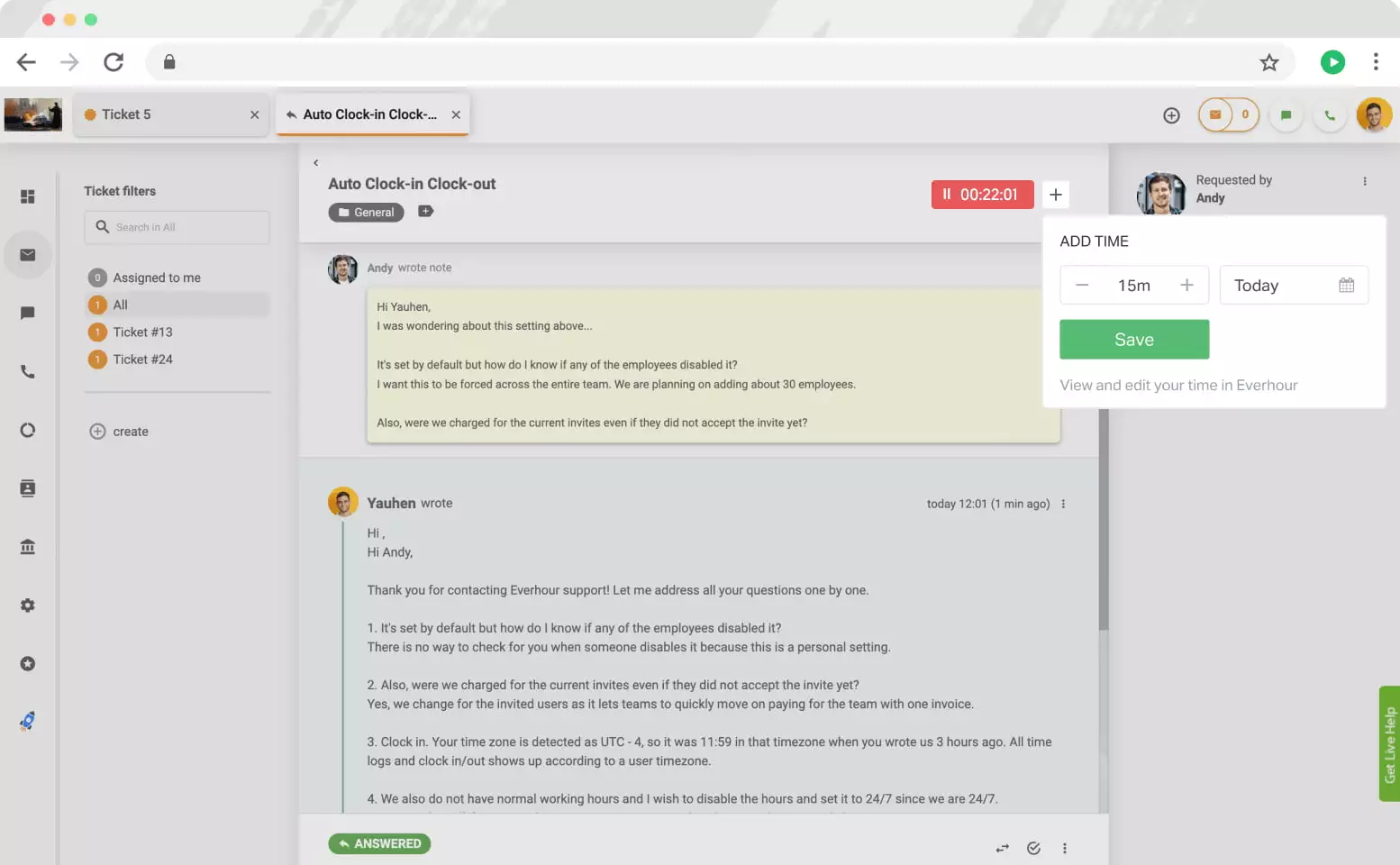 Everhour-ohjaimet LiveAgentissa