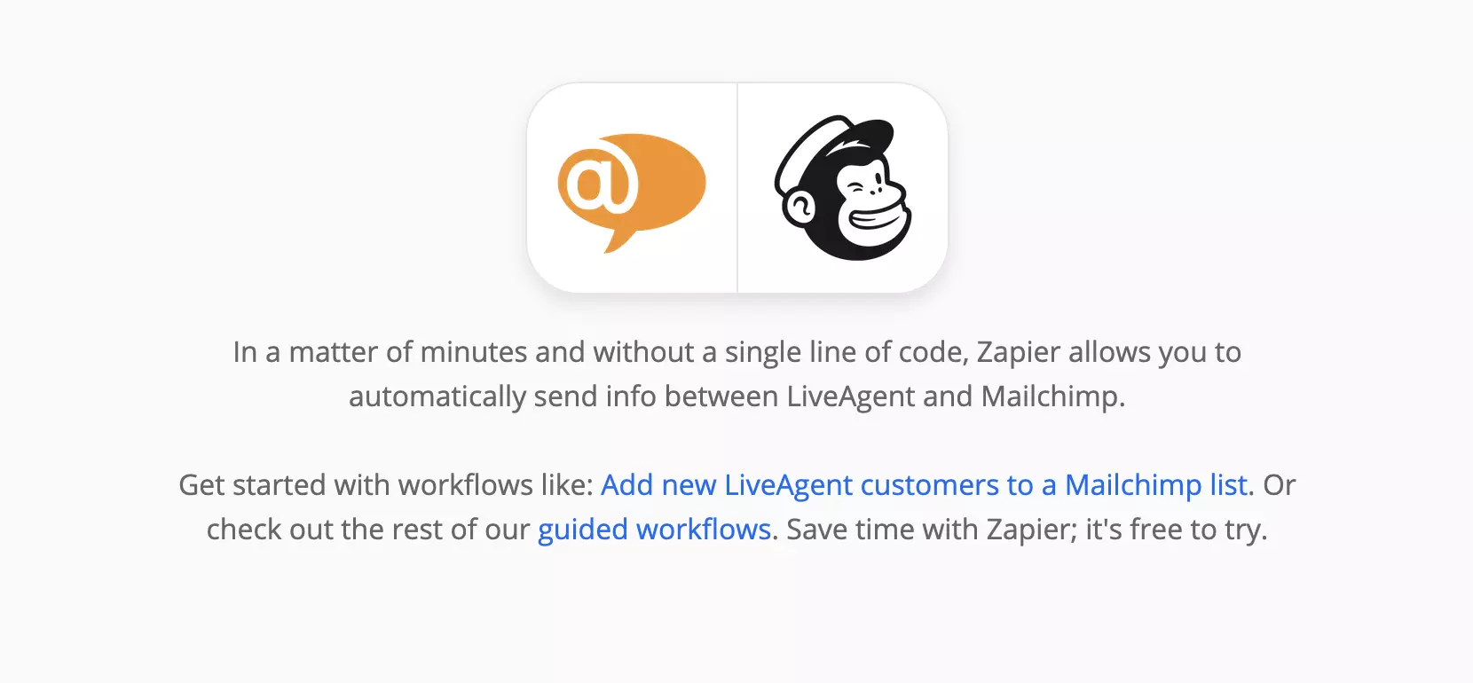 LiveAgent ja Mailchimp -integraatiosivut Zapierissa