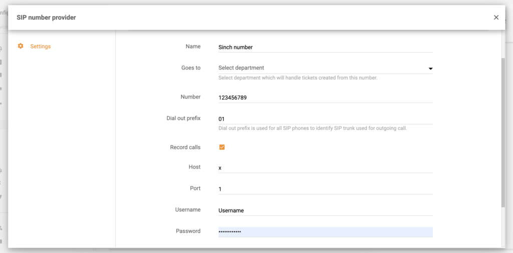 Sinch-numeron määritys LiveAgentissa
