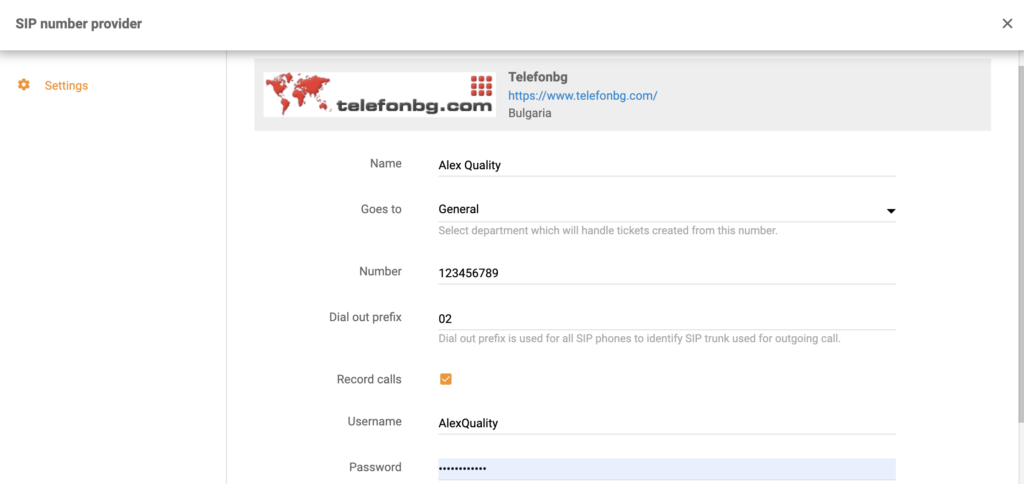 TelefonBG-asetukset uutta puhelinkeskuksen numeroa lisättäessä LiveAgentissa