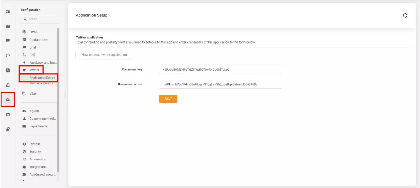 Kuva näyttää, mistä ja miten yhdistää LiveAgent-tilisi luomaasi Twitter (X) -tiliin