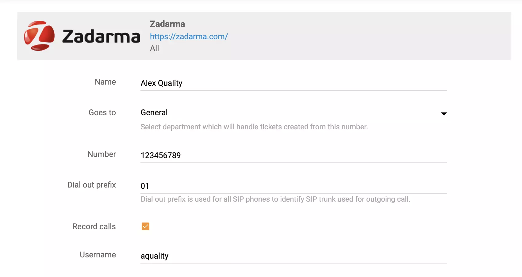 Zadarma-puhelun asetusvaihtoehto LiveAgentissa
