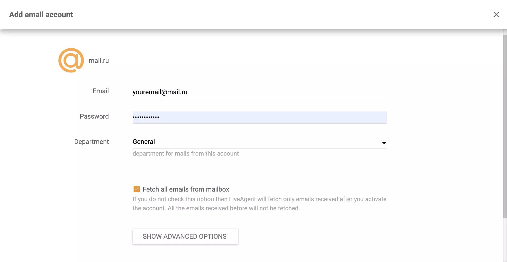 Mail.ru-konfiguraatio LiveAgentissa