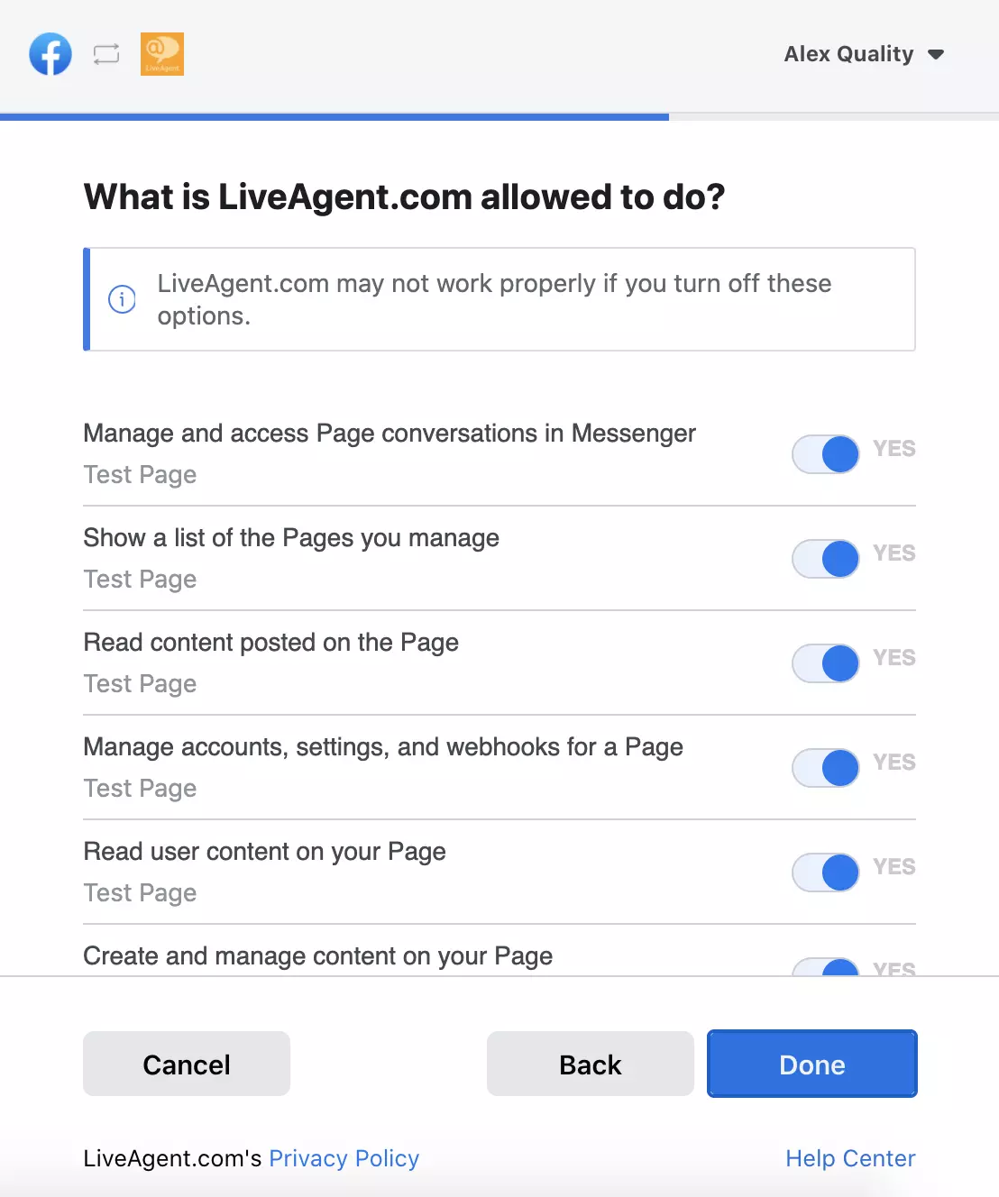 Luettelo käyttöoikeuksista, joka näyttää mitkä tiedot LiveAgent voi käyttää