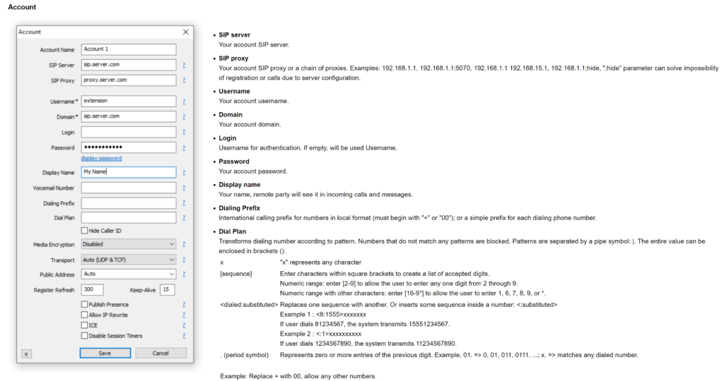 MicroSIP lisää uusi tili