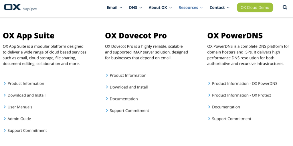 Open-Xchange-verkkosivu latausvaihtoehdoilla ja oppailla