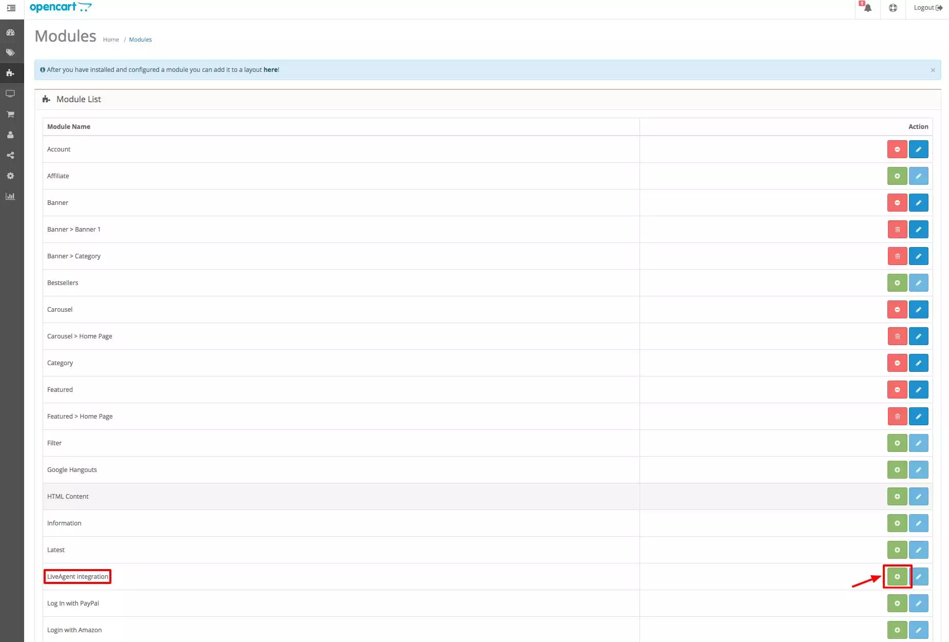 OpenCart LiveAgent integraatio - Modules-osio
