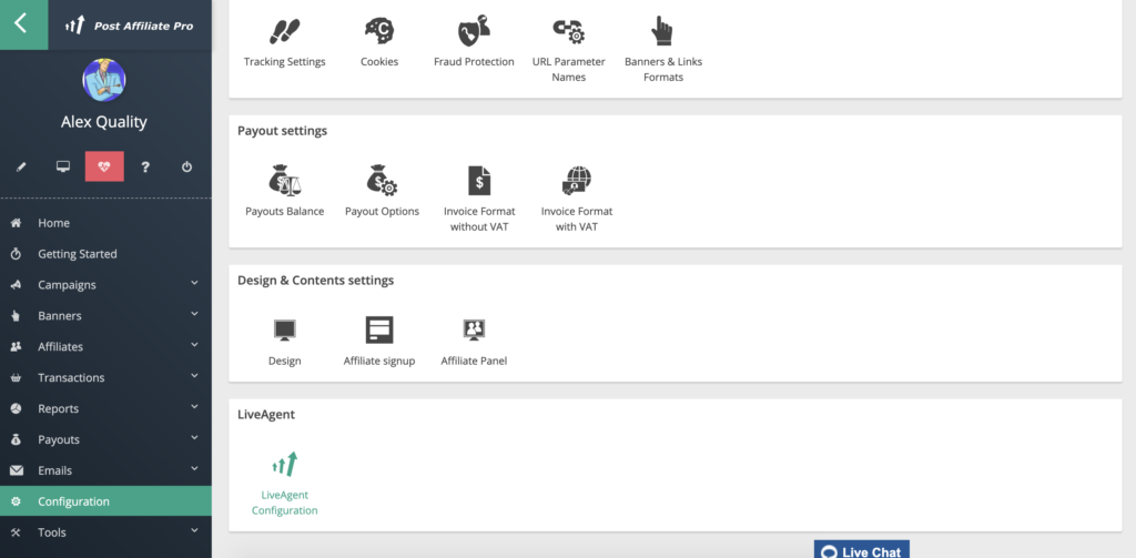 LiveAgent-konfiguraatio Post Affiliate Prossa