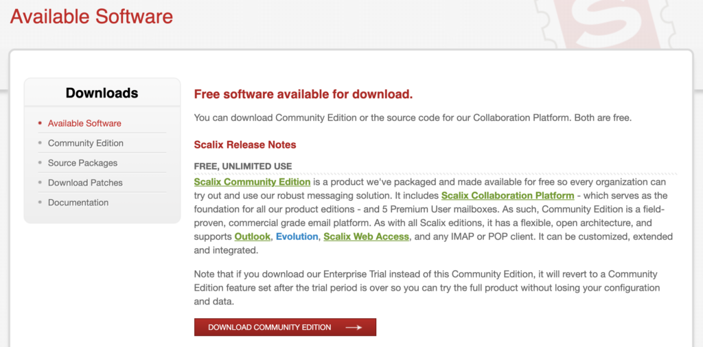 Scalix-verkkosivusto, jossa on saatavilla olevat lataukset ja edisiotiedot