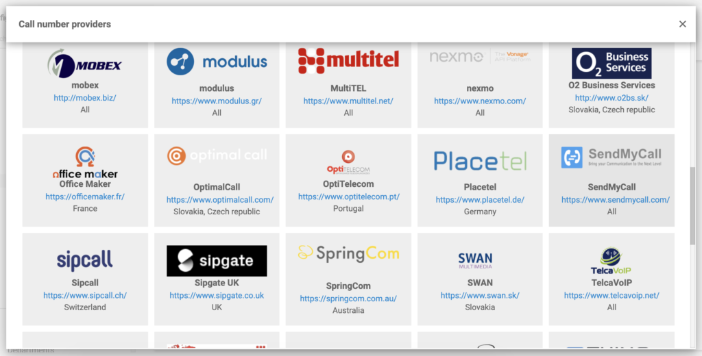 SendMyCall LiveAgent-konfiguraation VoIP-palveluntarjoajien luettelossa