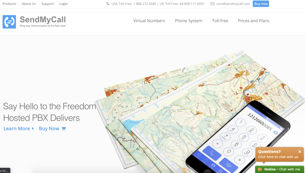 SendMyCall-kotisivu ja Osta nyt -painike oikeassa yläkulmassa