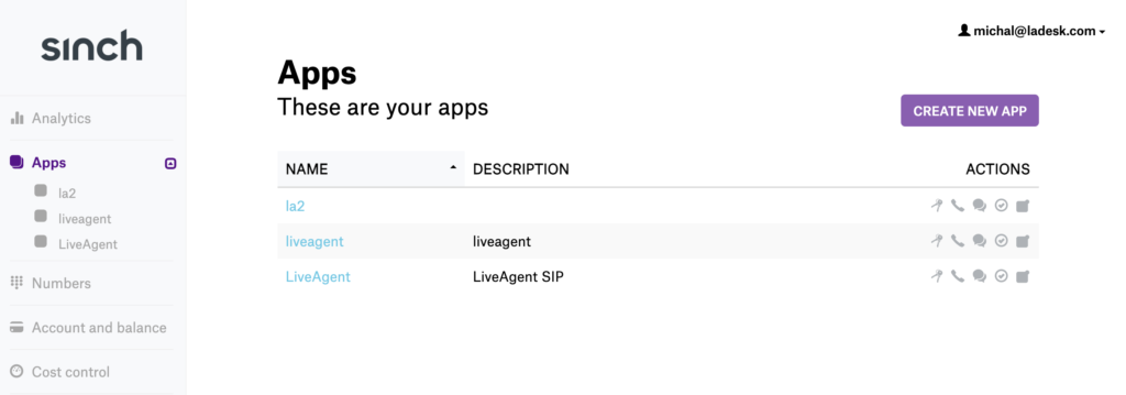 Sinch-asetukset uuden sovelluksen luomisen vaihtoehdolla