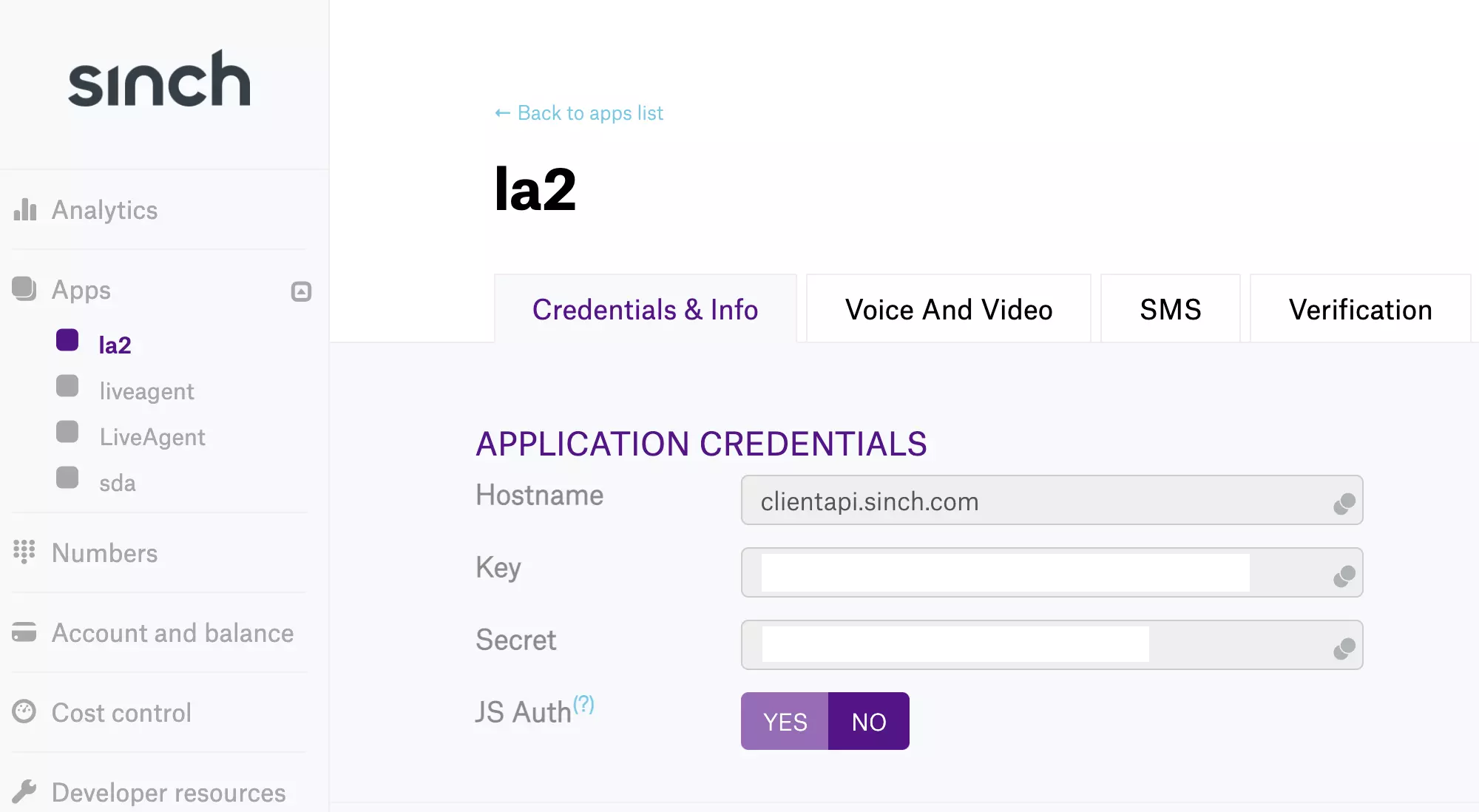 Sinch-sovelluksen avain ja salaisuus toisessa sovelluksessa