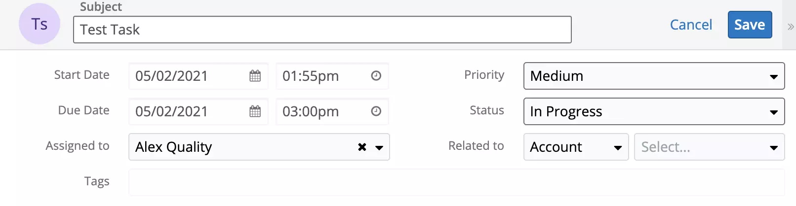 Uusi tehtävä on luotu SugarCRM:ssä