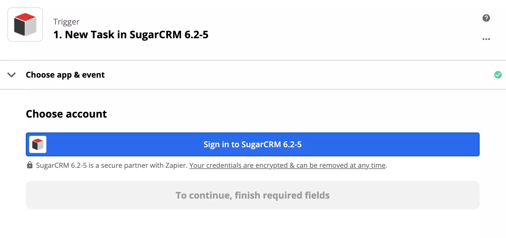 SugarCRM-käynnistimen asetukset Zapier-integraatiossa