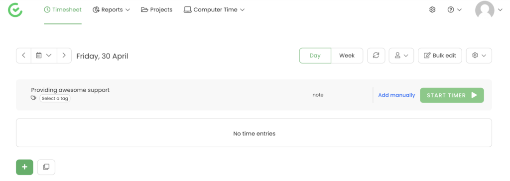 TimeCamp-projektin valinta ajastimen käynnistämisellä