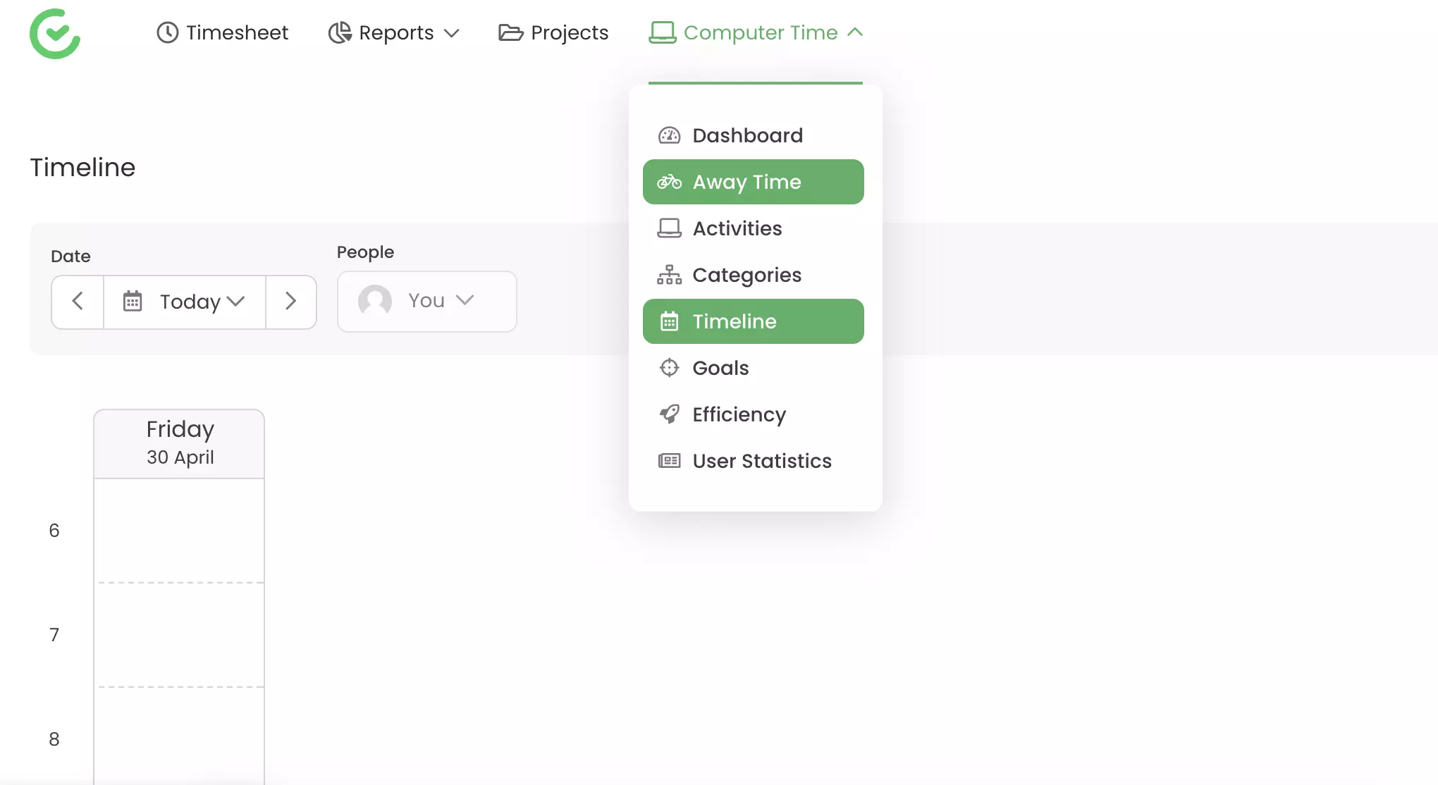 Seurantaominaisuudet, kuten poissaoloaika ja aikajana näkyvät TimeCampissa