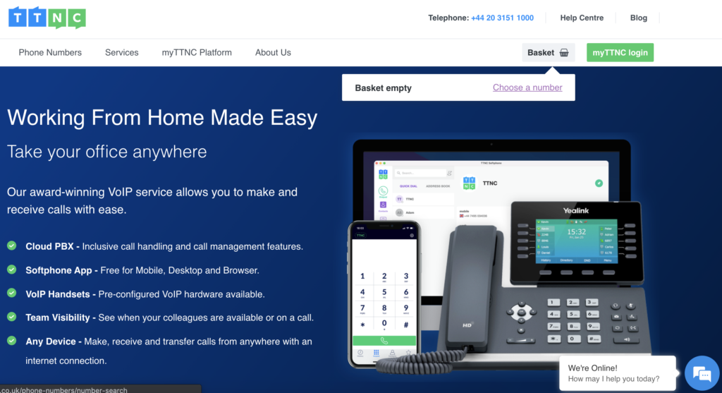 TTNC-verkkosivusto, jossa on ostoskori ja valitse numero -vaihtoehto oikeassa yläkulmassa