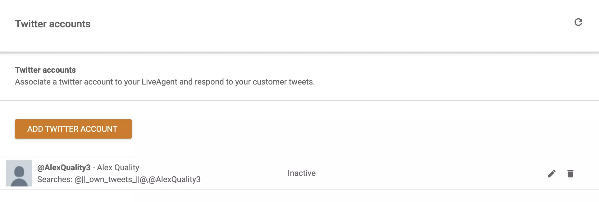 Kuva tileistä, jotka on yhdistetty LiveAgentiin ja vaihtoehto lisätä toinen Twitter (X) -tili luetteloon