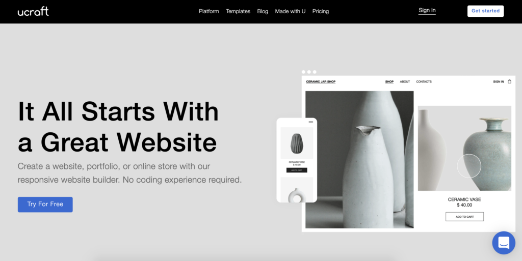 Ucraftin kotisivu Get Started -painikkeella oikeassa yläkulmassa