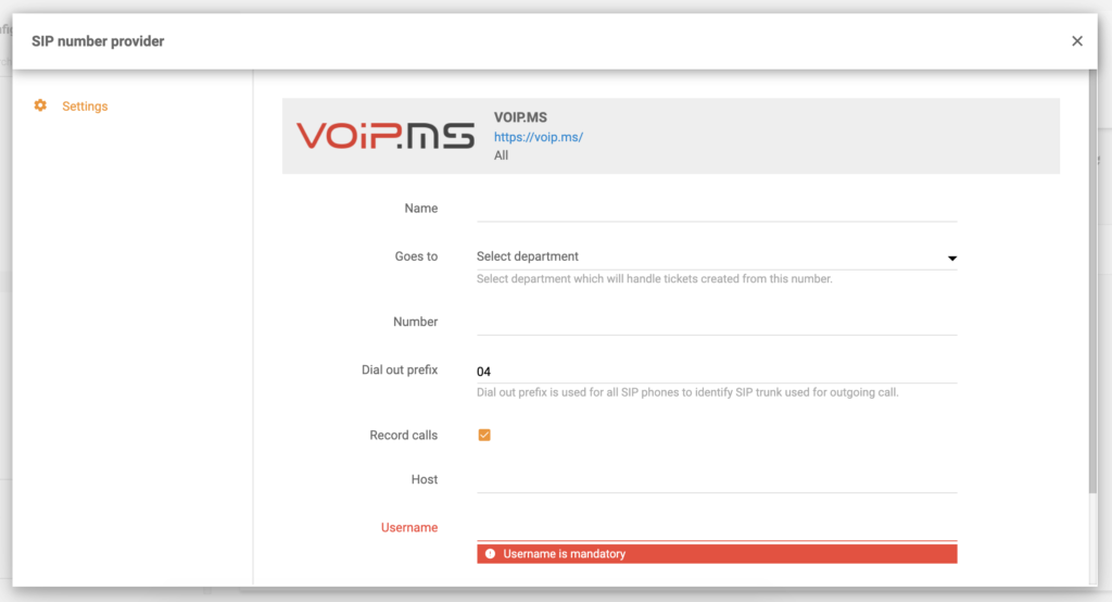 VoIP.ms-konfiguraatio LiveAgentin puheluasetuksissa