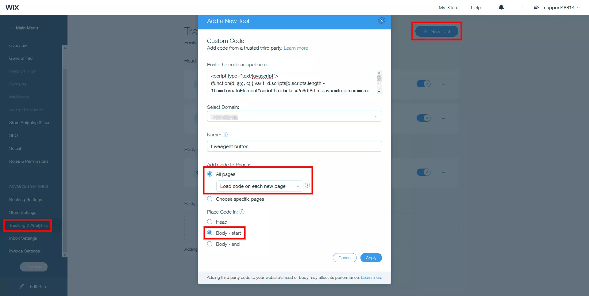 Sijoita LiveAgent live chat -koodi Wix-sivuston runkoon