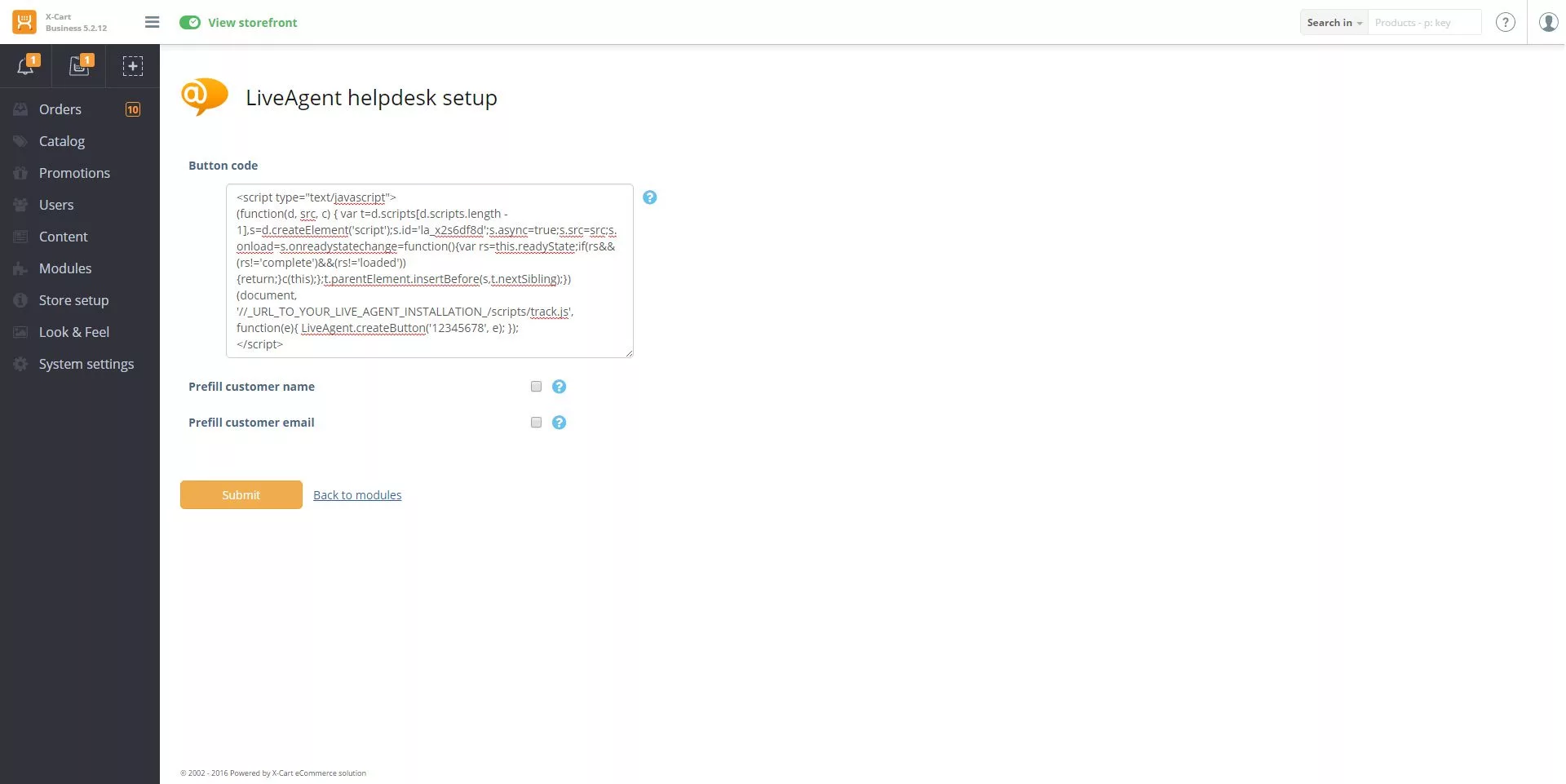 X-Cart LiveAgent -integraatiokoodin määritys