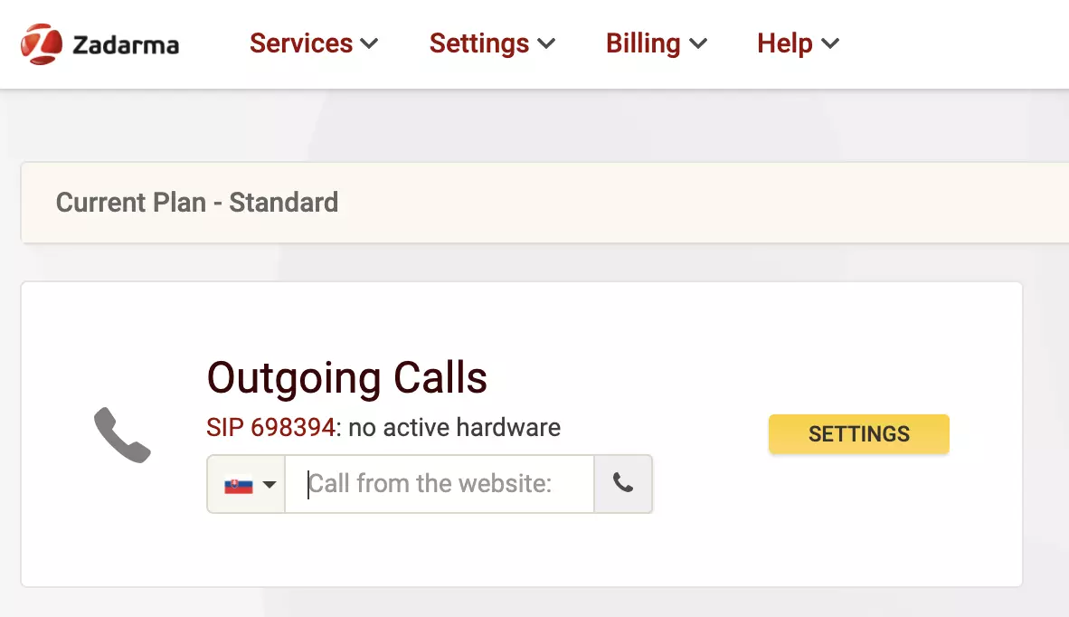 Zadarma VoIP-palveluntarjoajan verkkosivusto puheluvaihtoehdon kanssa