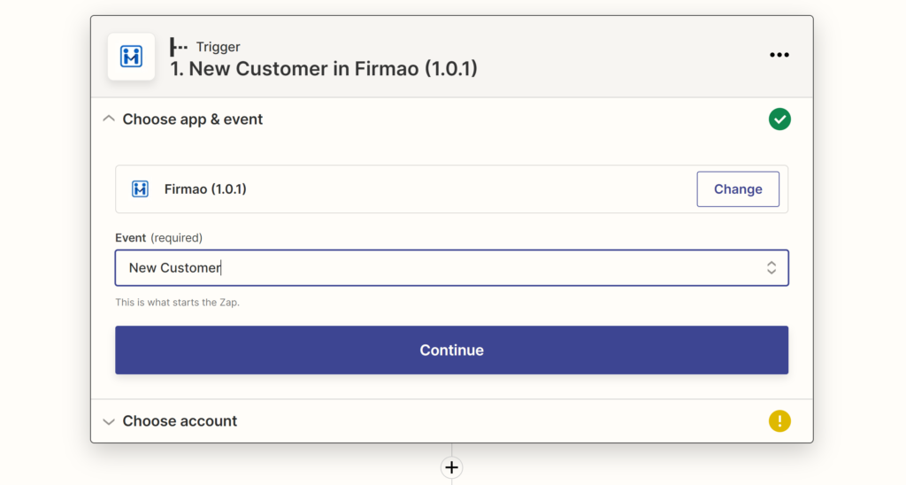 Firmaon tapahtuman valinta integrointikonfiguraation aikana Zapierissa