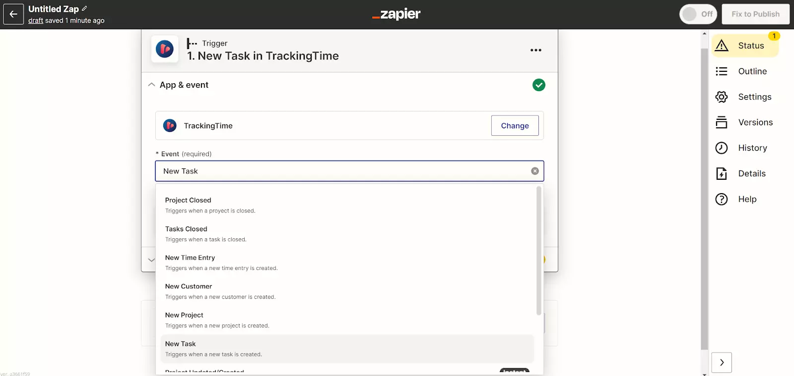 Zapier - uusi tehtävä TrackingTimessa