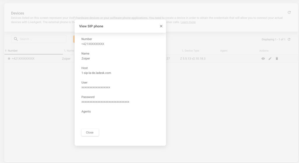 Kuva, joka näyttää, mistä löytää SIP-laitteen tiedot LiveAgentista