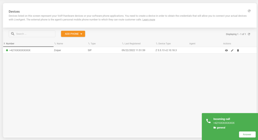 Kuva, joka näyttää saapuvan puhelun onnistuneesti integroidussa Zoiper-softphonessa LiveAgent-help desk -ohjelmiston kanssa
