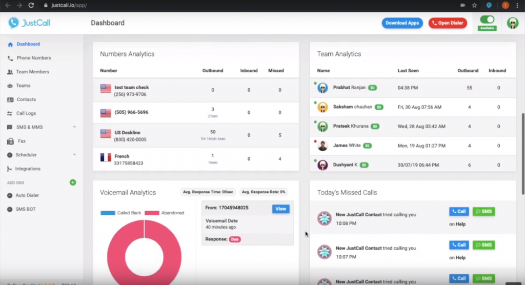 JustCall's dashboard