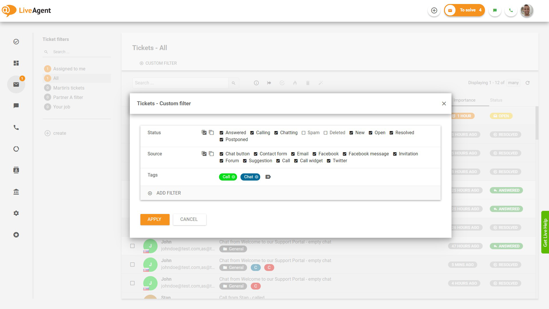 Lippujen suodattaminen-ominaisuus LiveAgentissa